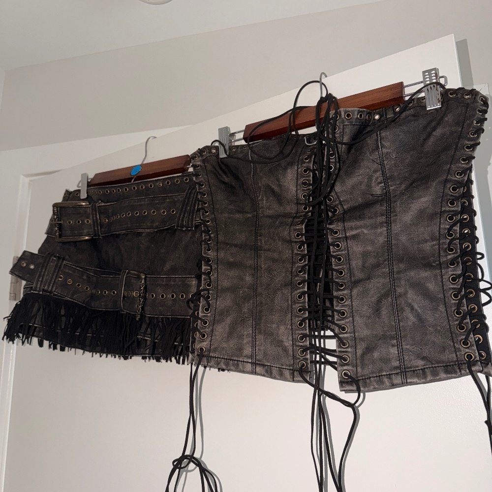Leather Fringe skirt set